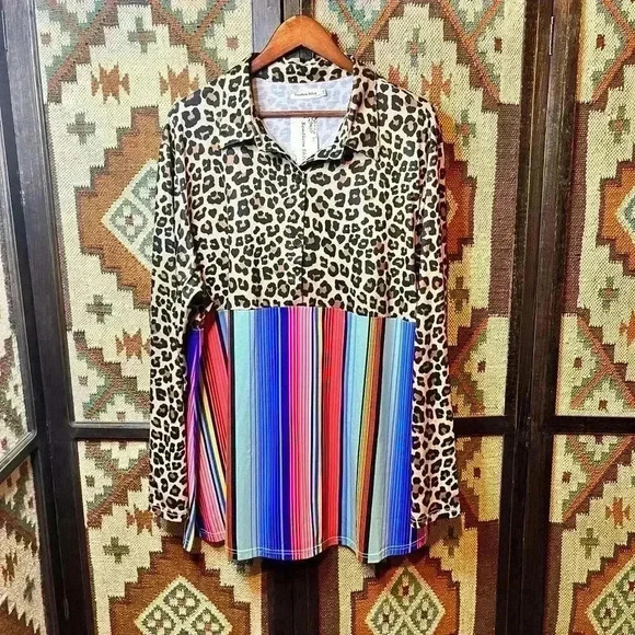 Southern Stitch Leopard Serape Block Color Long Sleeve Top Woman’s Plus Size 3X - Picture 1 of 4
